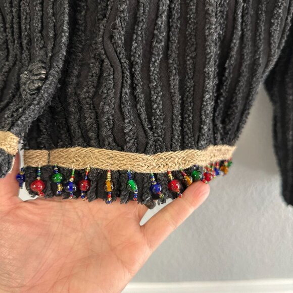 Vtg 80s Black Handmade Chenille Beaded Jacket Blanket Style Womens Size M/L - Picture 5 of 5